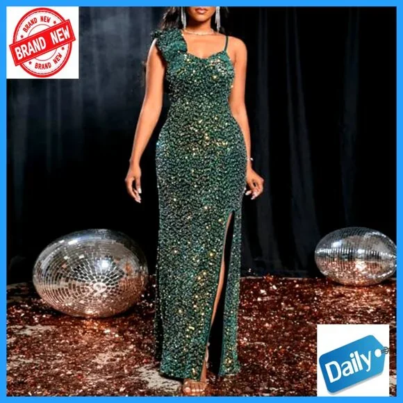 Sequin Mermaid Dress Elegant Bodycon Formal Evening Gown High Split Ruffled Hem
